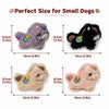 Four small plush dog toys in purple, black, tan, and pink colors shown side by side.