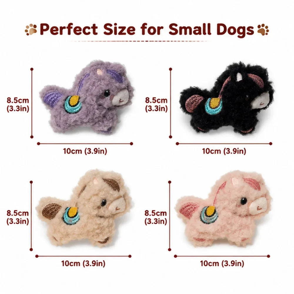 Four small plush dog toys in purple, black, tan, and pink colors shown side by side.