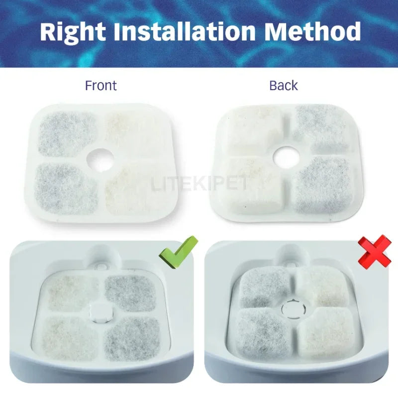 Comparison of correct and incorrect installation methods for a water fountain filter replacement.