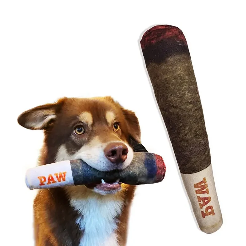 Cigar-Shaped Squeaky Plush Dog Toy for Interactive Play and Teeth Care