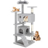 A multi-level cat tree with gray posts and platforms, featuring scratching posts and a cat condo.