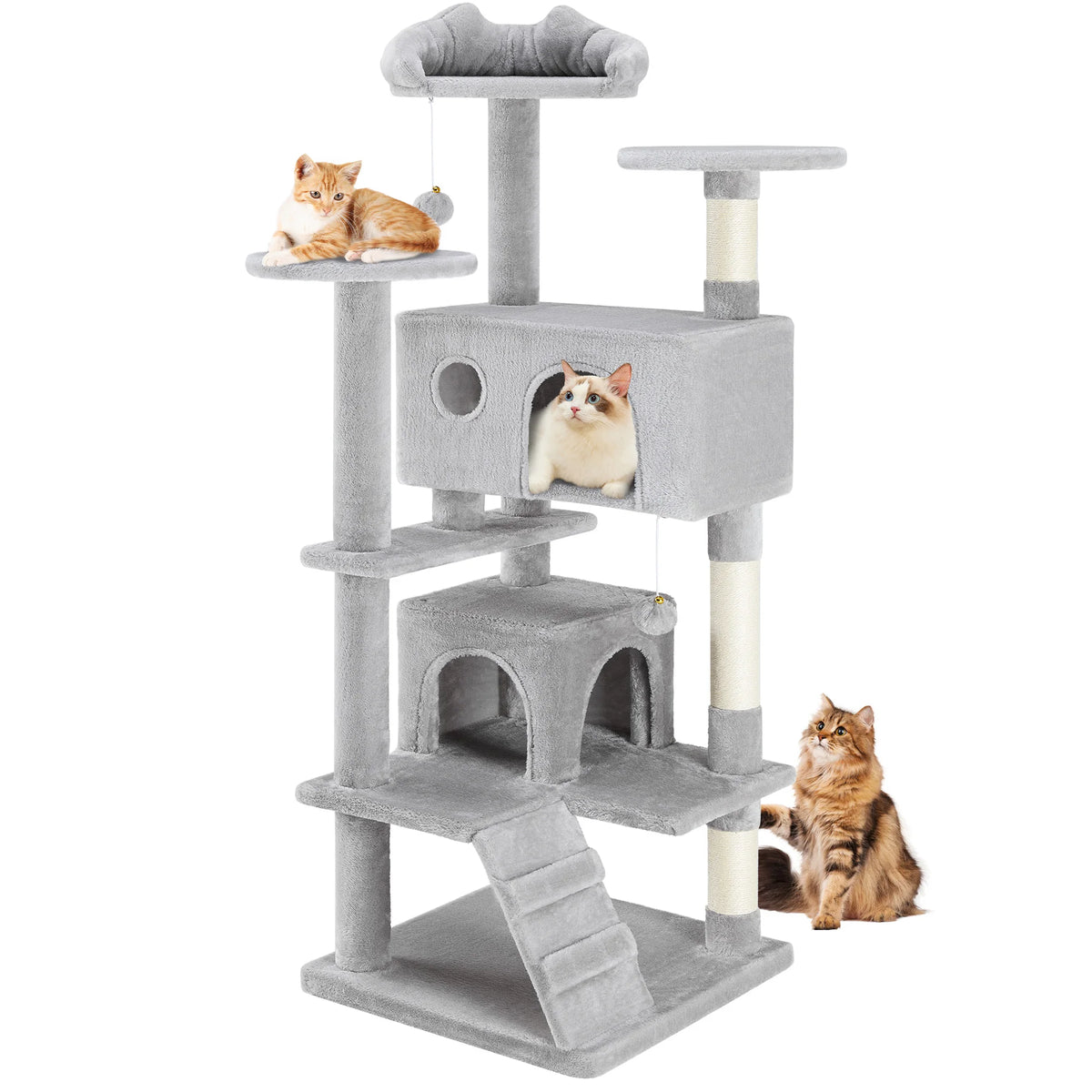 A multi-level cat tree with gray posts and platforms, featuring scratching posts and a cat condo.