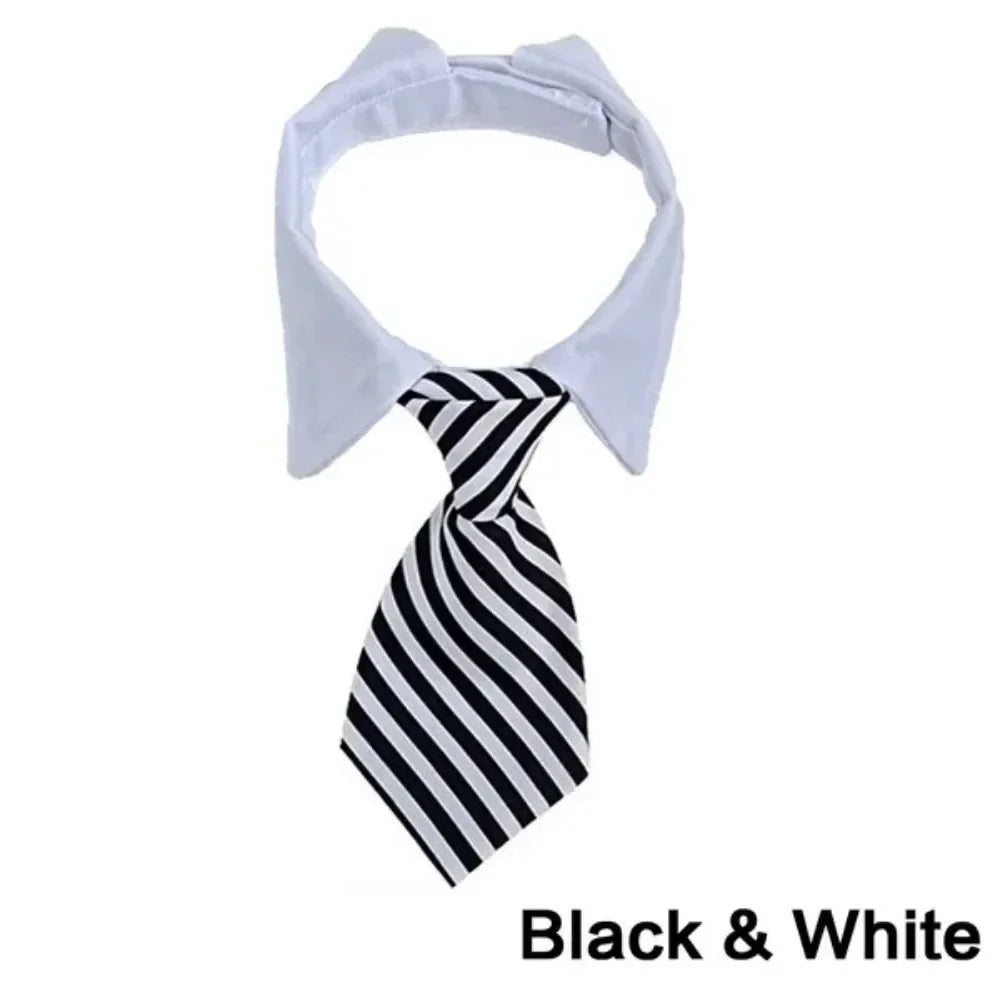 A white necktie with a black and white striped pattern