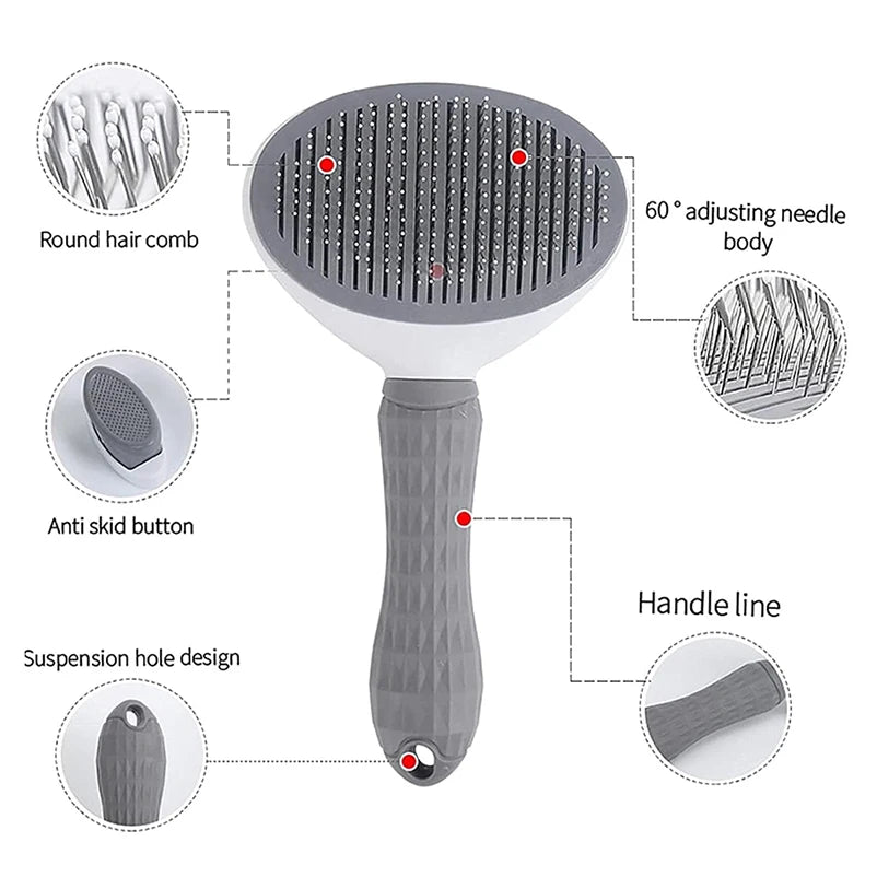 Peine para mascotas de acero inoxidable gris con botón anti-resbalar de silicona y orificio de suspensión.