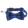 A plaid bow tie collar for cats and small dogs featuring blue and black tartan fabric.