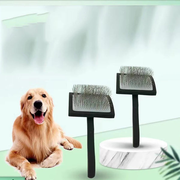 A grooming rake with stainless steel teeth is shown next to a golden retriever dog.