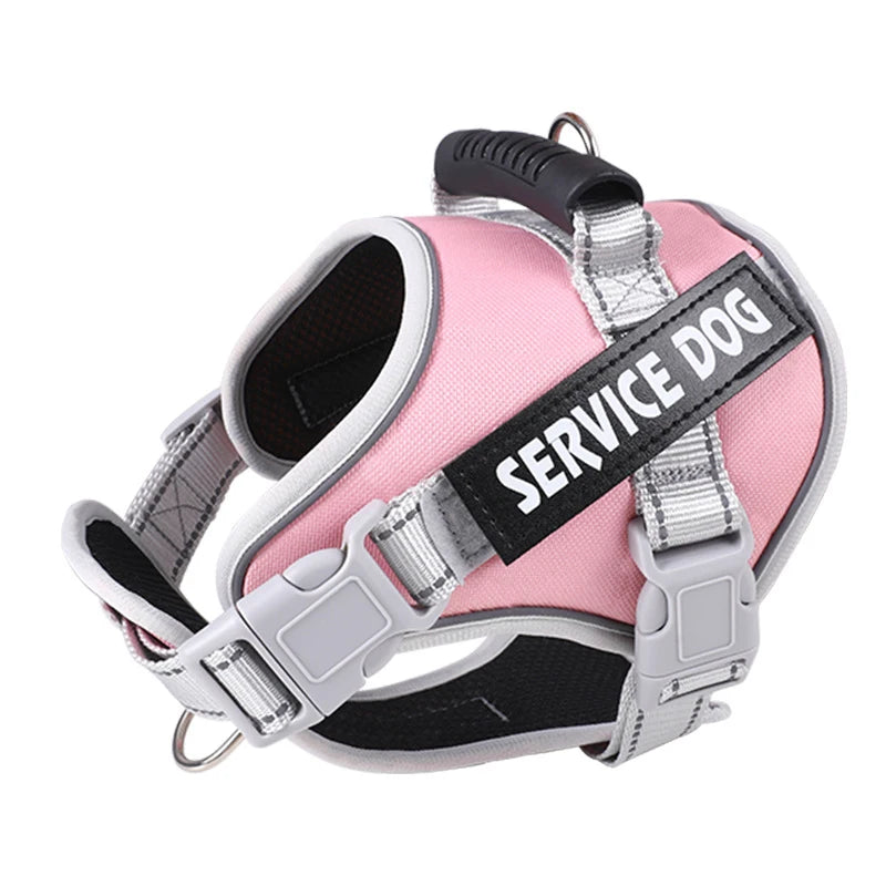 Pink and gray reflective dog harness with the text SERVICE DOG printed on the strap