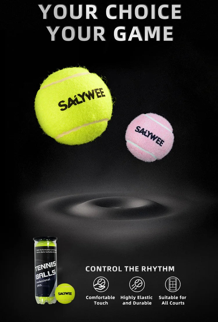 Three yellow and pink Salywee tennis balls are shown against a black background with text promoting choice of game.