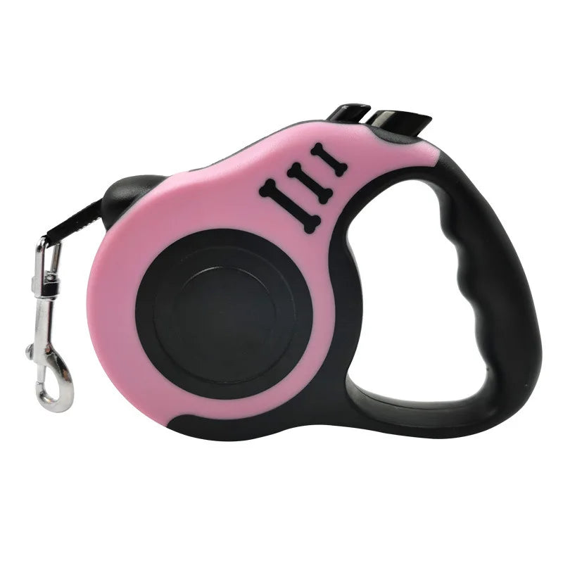 Pink and black retractable dog leash with a comfortable grip and three visible markings.