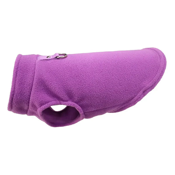 Purple cozy winter dog jacket with a leash D-ring and a snap closure.