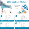 Four steps showing how to use a reusable pet poop bag dispenser for cleanup.