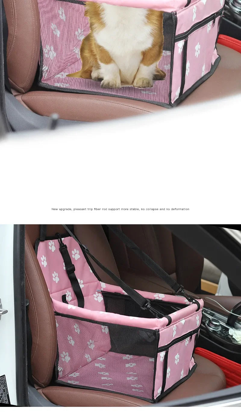 Siège voiture pliable rose et blanc pour chiens montré dans un siège de voiture.