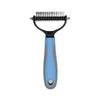 A stainless steel pet deshedding comb with a black handle and blue grip.