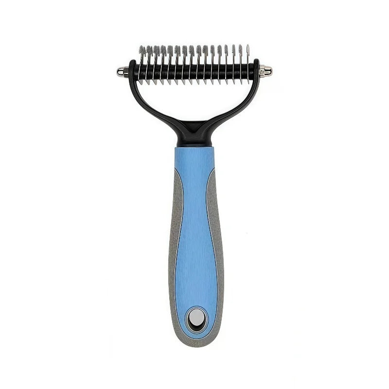A stainless steel pet deshedding comb with a black handle and blue grip.