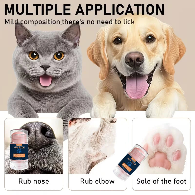 A package of natural dog paw and nose moisturizing balm shown next to a black dog nose, a rubbed elbow, and the sole of a foo