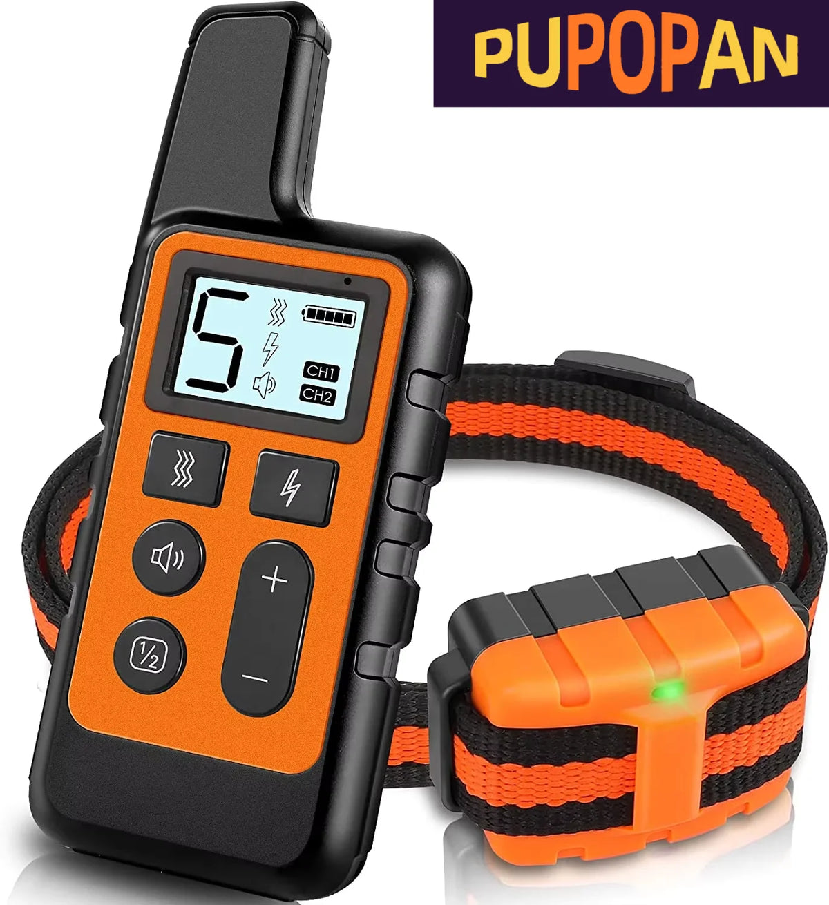 Collier d'éducation électrique orange et noir pour chien avec affichage numérique et boutons de contrôle.