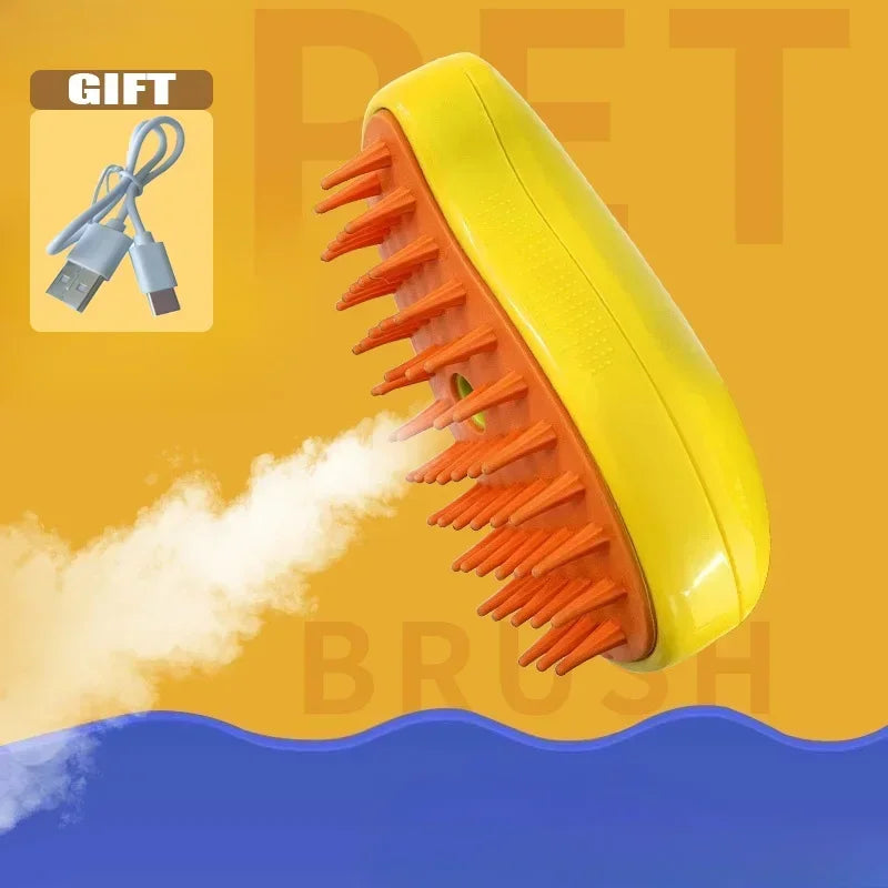 A yellow electric steam brush with orange bristles is shown spraying mist over blue water.