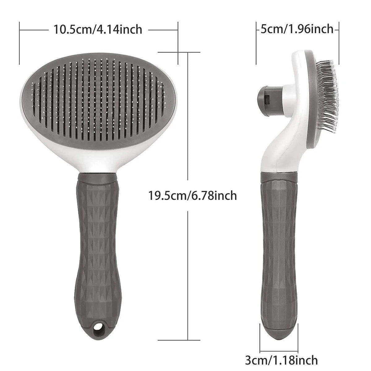 A gray non-slip pet grooming brush with a round bristled head and a handle.