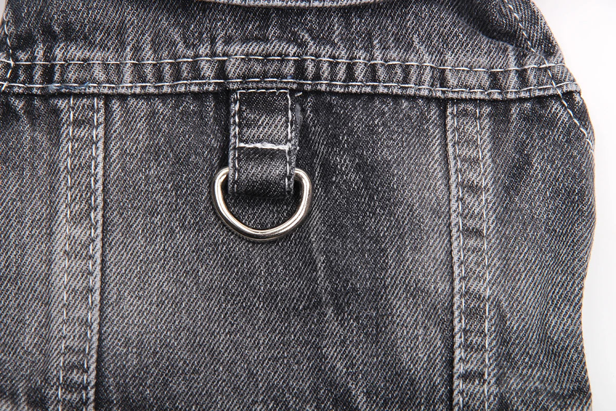 Nahaufnahme der hinteren Tasche und der Knopfdetails einer klassischen Jeansjacke für Hunde.