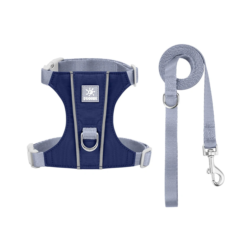 A navy blue escape-proof harness and leash set for cats and small dogs with reflective trim.