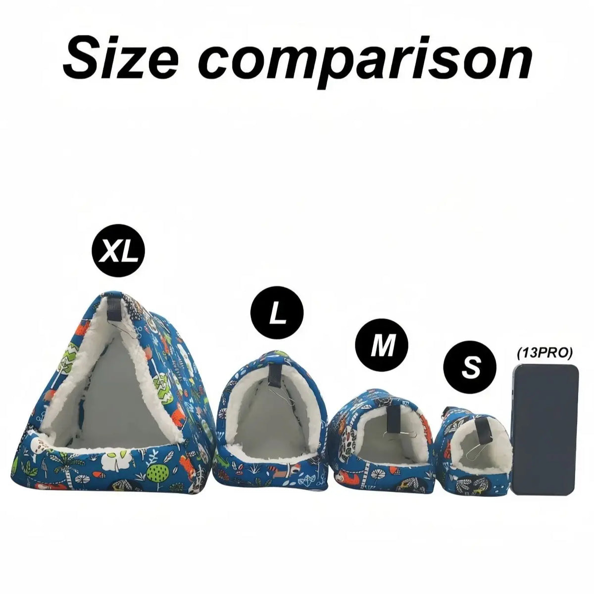 Size comparison of XL, L, M, and S Cozy Bird Nest Hammocks for small pets.