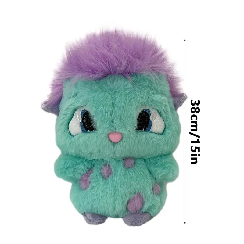 A soft teal and purple fluffy plush toy resembling a creature with large eyes.