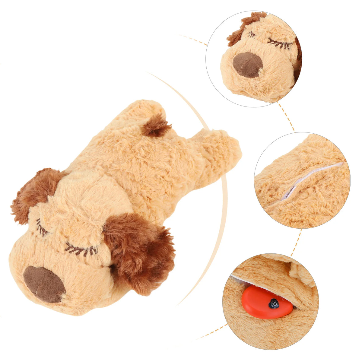 A light brown stuffed animal resembling a dog, shown with close-ups of its texture and an internal component.
