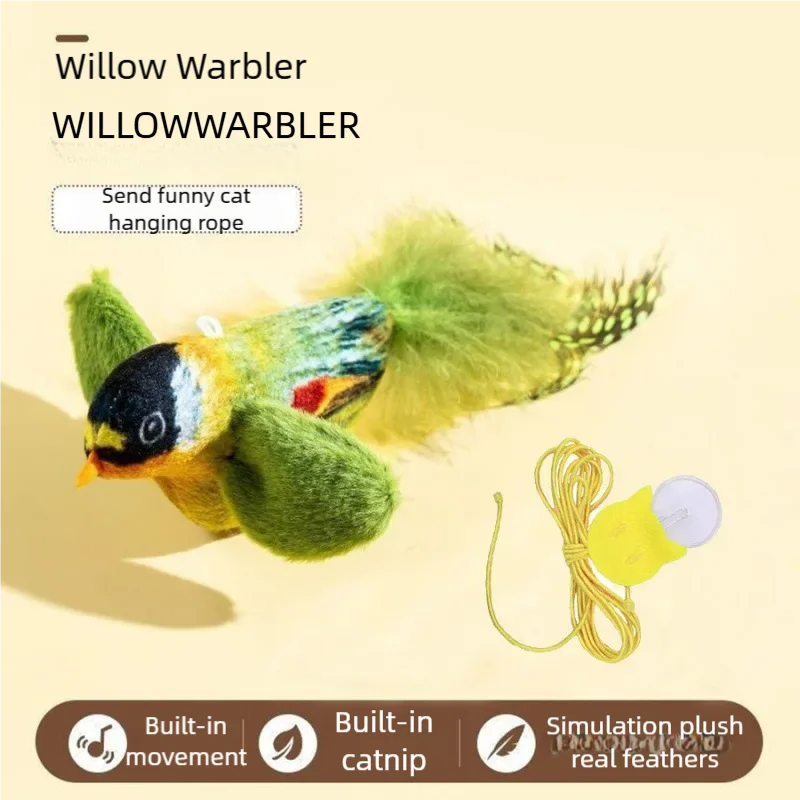 A green and yellow Willow Warbler bird toy with realistic feathers and catnip rope.