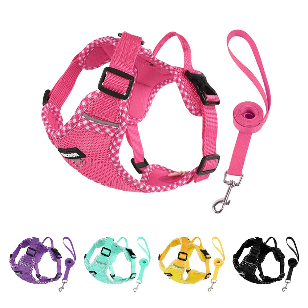 A set of pink breathable mesh dog harness and leash with reflective trim shown alongside various colored harnesses.