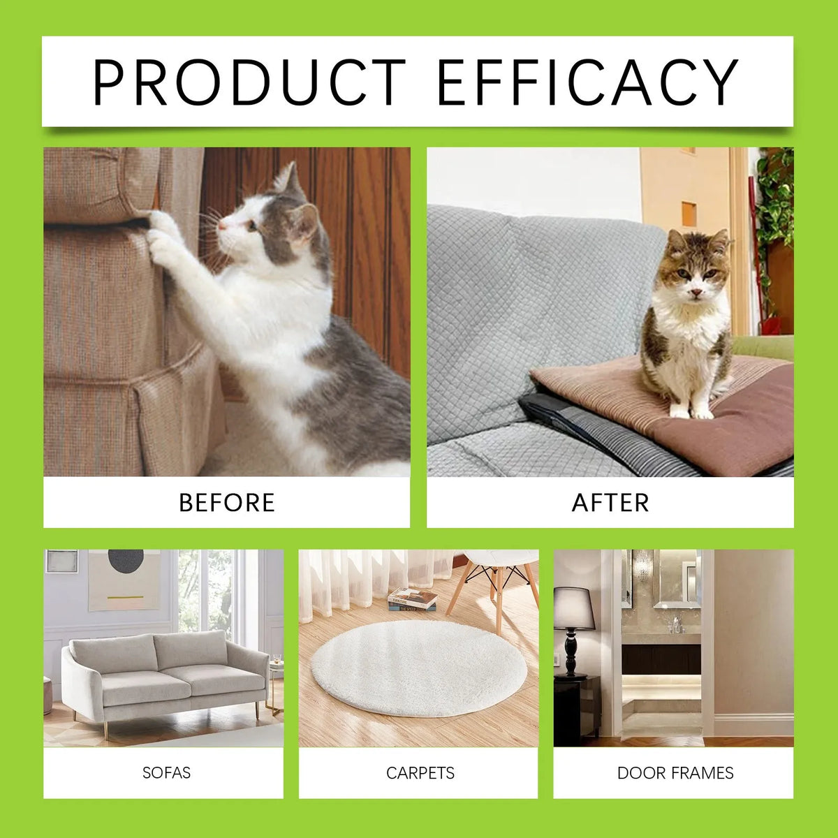 Antes y después de un spray natural para ahuyentar gatos en sofás, alfombras y marcos de puertas.