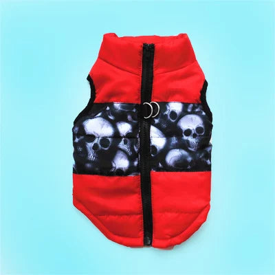 A red and black dog coat featuring a pattern of skulls on the chest area.