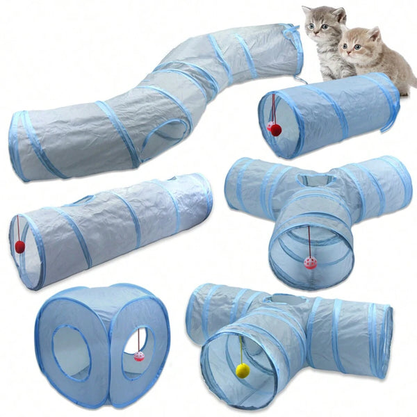 A collection of light blue foldable cat tunnels and tubes with peep holes.
