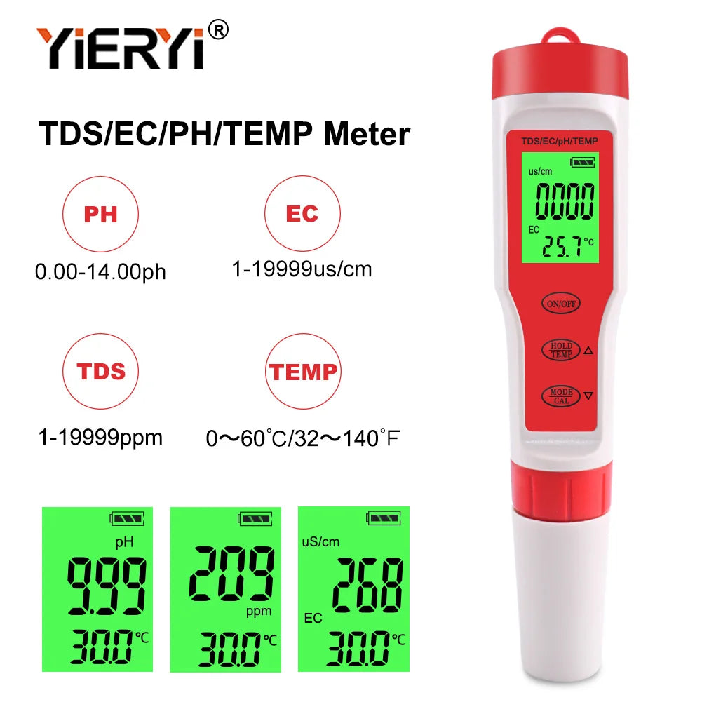 4-in-1 Digital Water Quality Tester for pH, TDS, EC, and Temperature