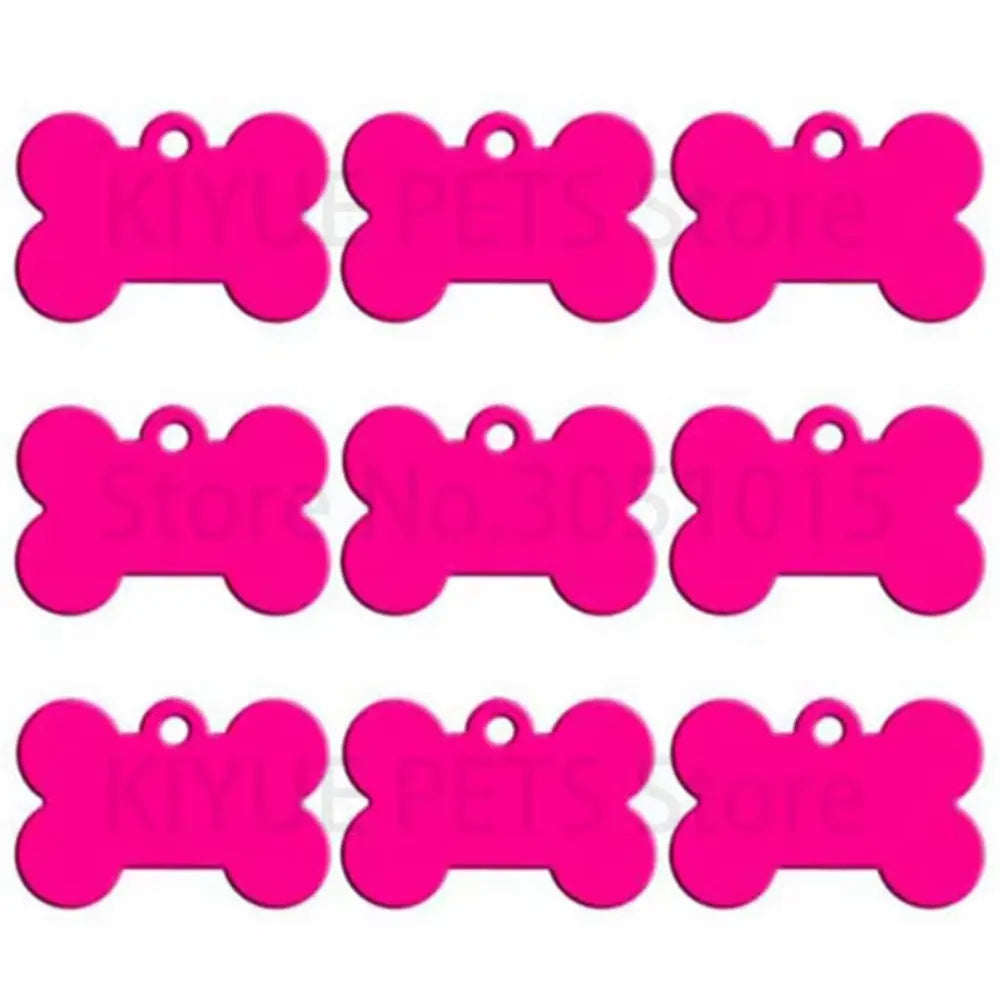 Pink bone-shaped dog ID tags in various styles