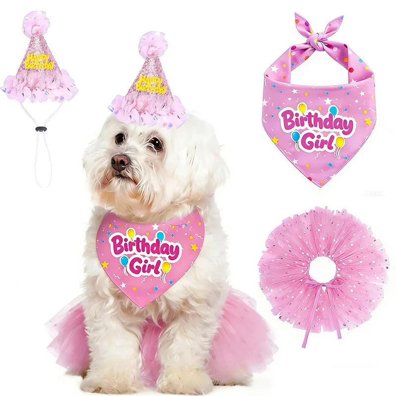 Pet Birthday Party Accessory Set with Bandana, Tutu Skirt & Hat