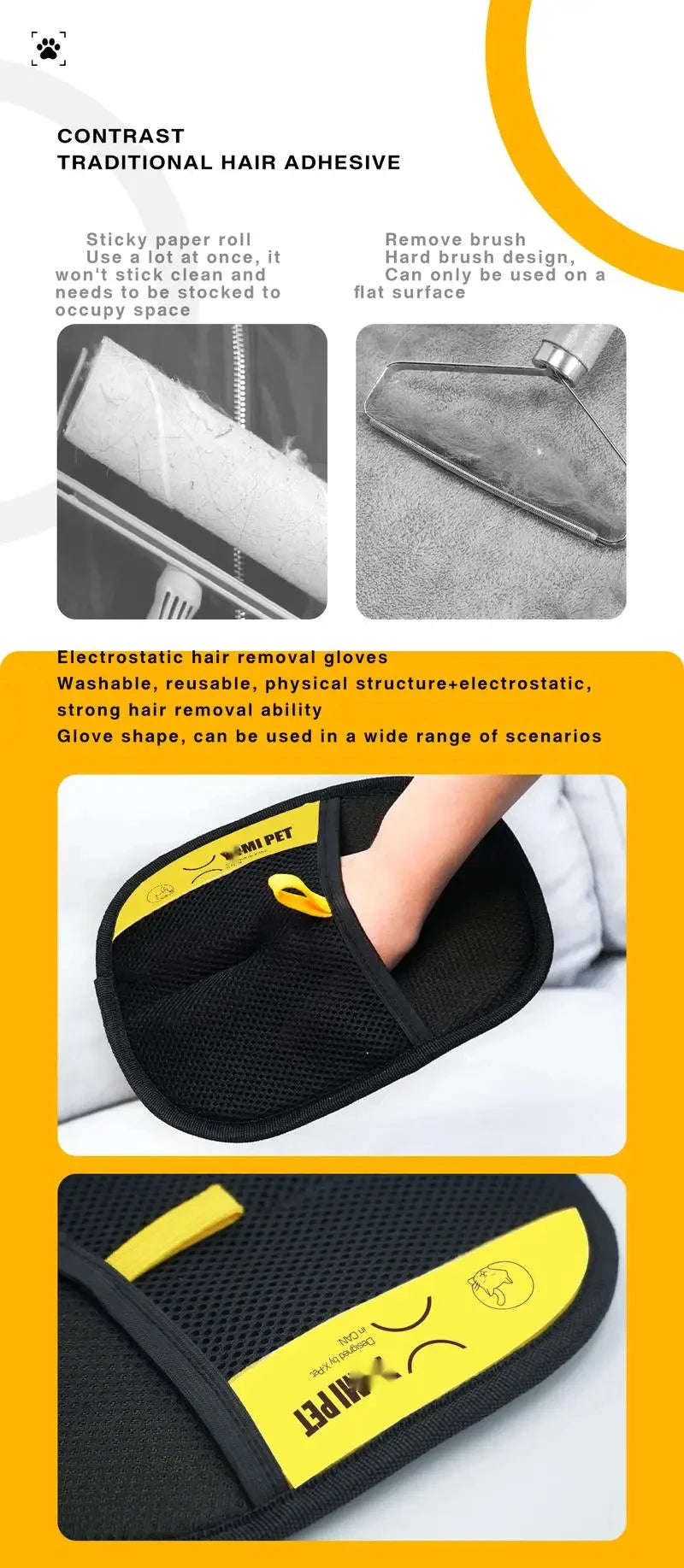 Pet Hair Removal Glove with Two-Way Brush for Cats, Dogs, and Furniture