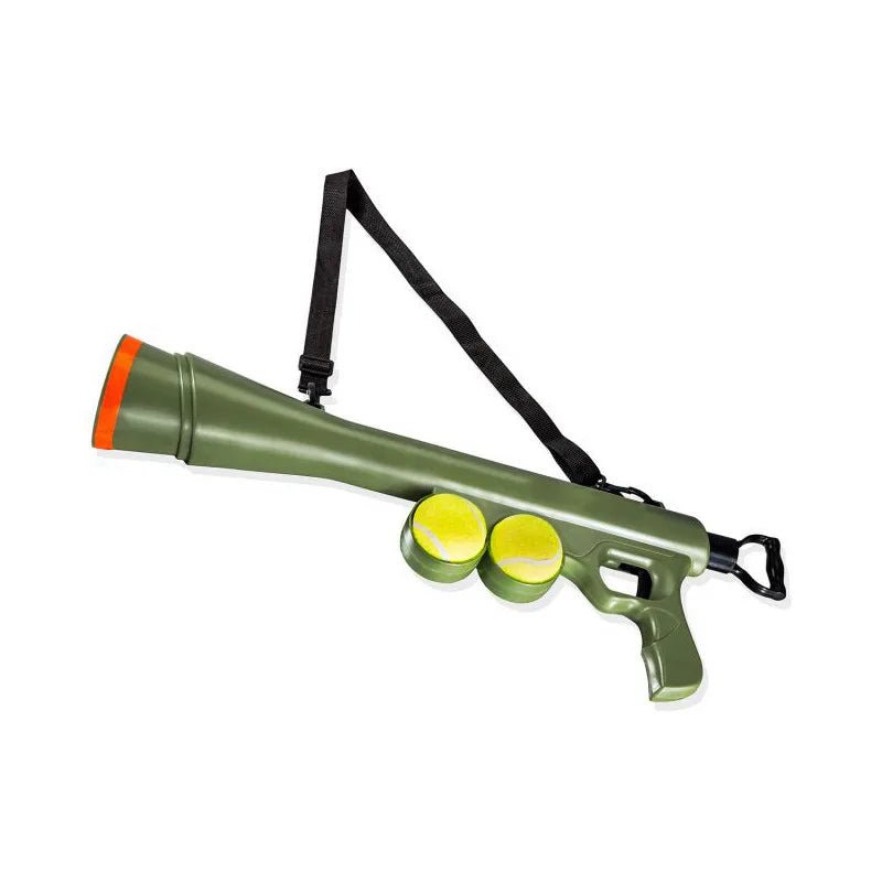 A green interactive pet ball launcher for dogs with a black strap and yellow ball attachments.