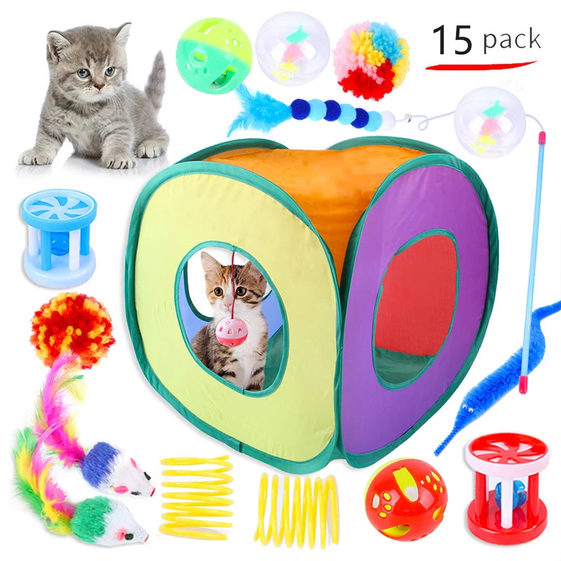 A set of interactive cat play tunnel toy featuring a colorful fabric tunnel, mouse balls, and a feather wand.