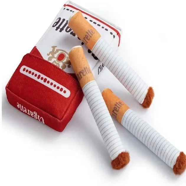 A roll of orange and white plush dog chew toys is shown next to its red packaging box.