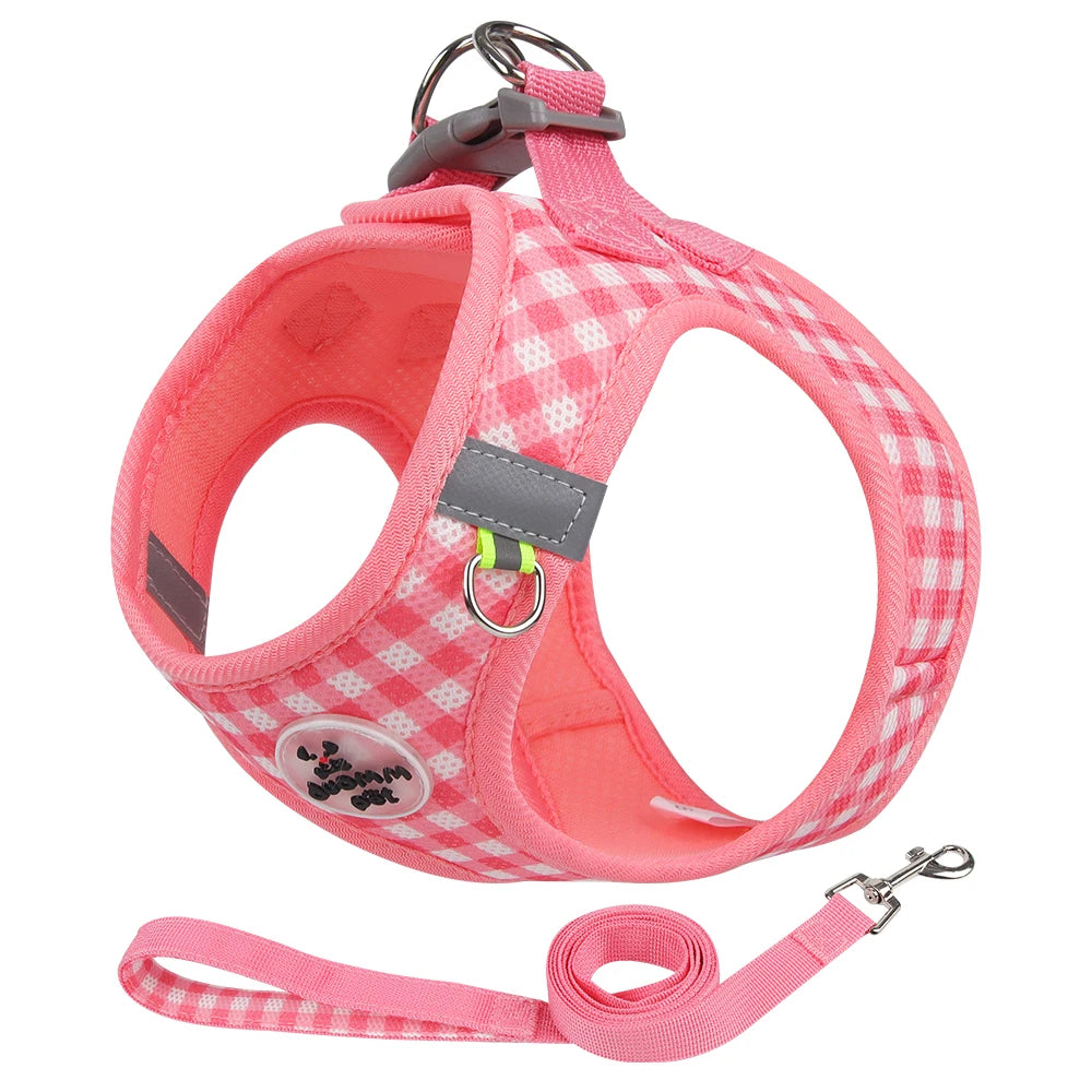 Pink plaid pet harness with reflective strips for small dogs and cats
