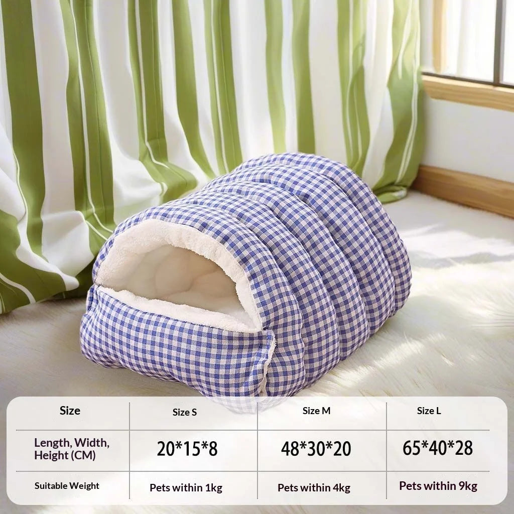 A blue and white checkered pet bed with a plush fleece lining shown on a white rug.