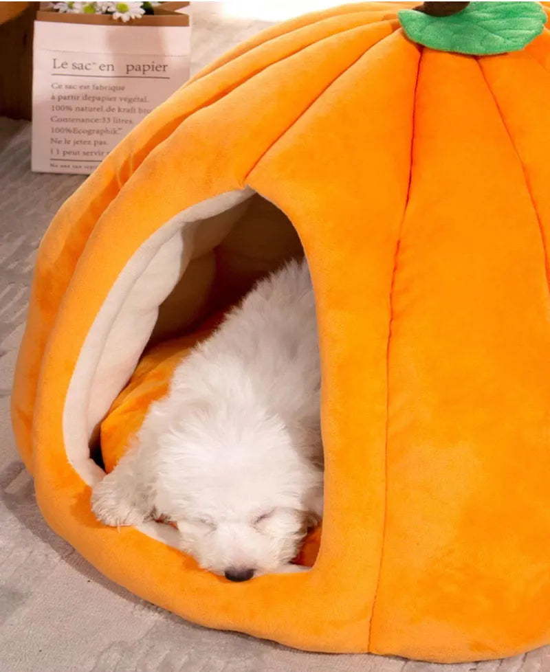 3D Pumpkin Pet House - Semi-Enclosed Bed with Removable Cushion