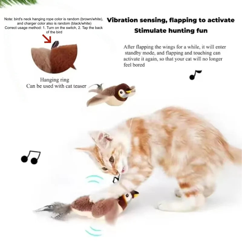 Jouet d'oiseau en peluche interactif avec anneau et composants pour le jeu de chasse.