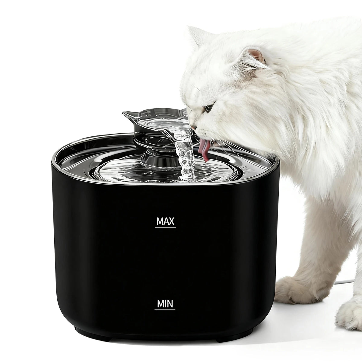 A white cat is drinking water from a black automatic cat water fountain with MAX and MIN settings visible.