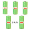 Five rolls of green reusable pet poop bag dispensers with red arrows on the label