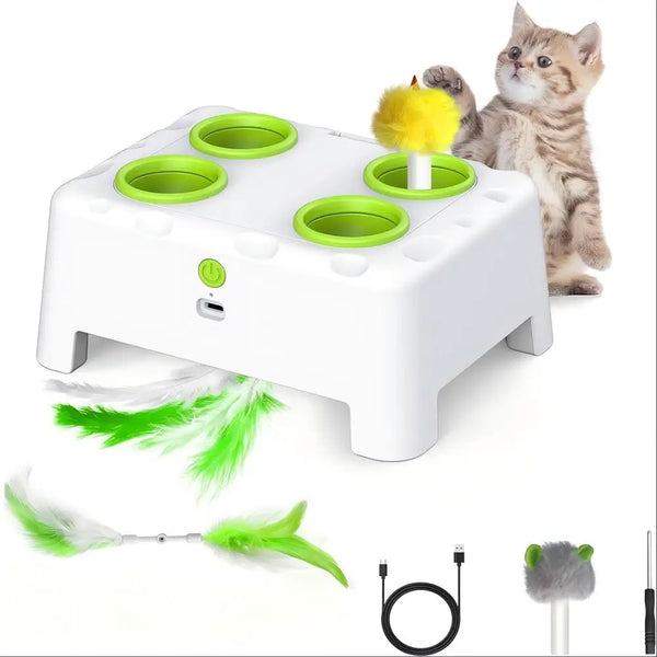A white automatic pop-up rechargeable feather toy for pets, featuring a cat and a dog playing with the toy.