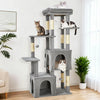 A gray cat tree tower with multiple levels, scratching posts, and cozy condos for cats.