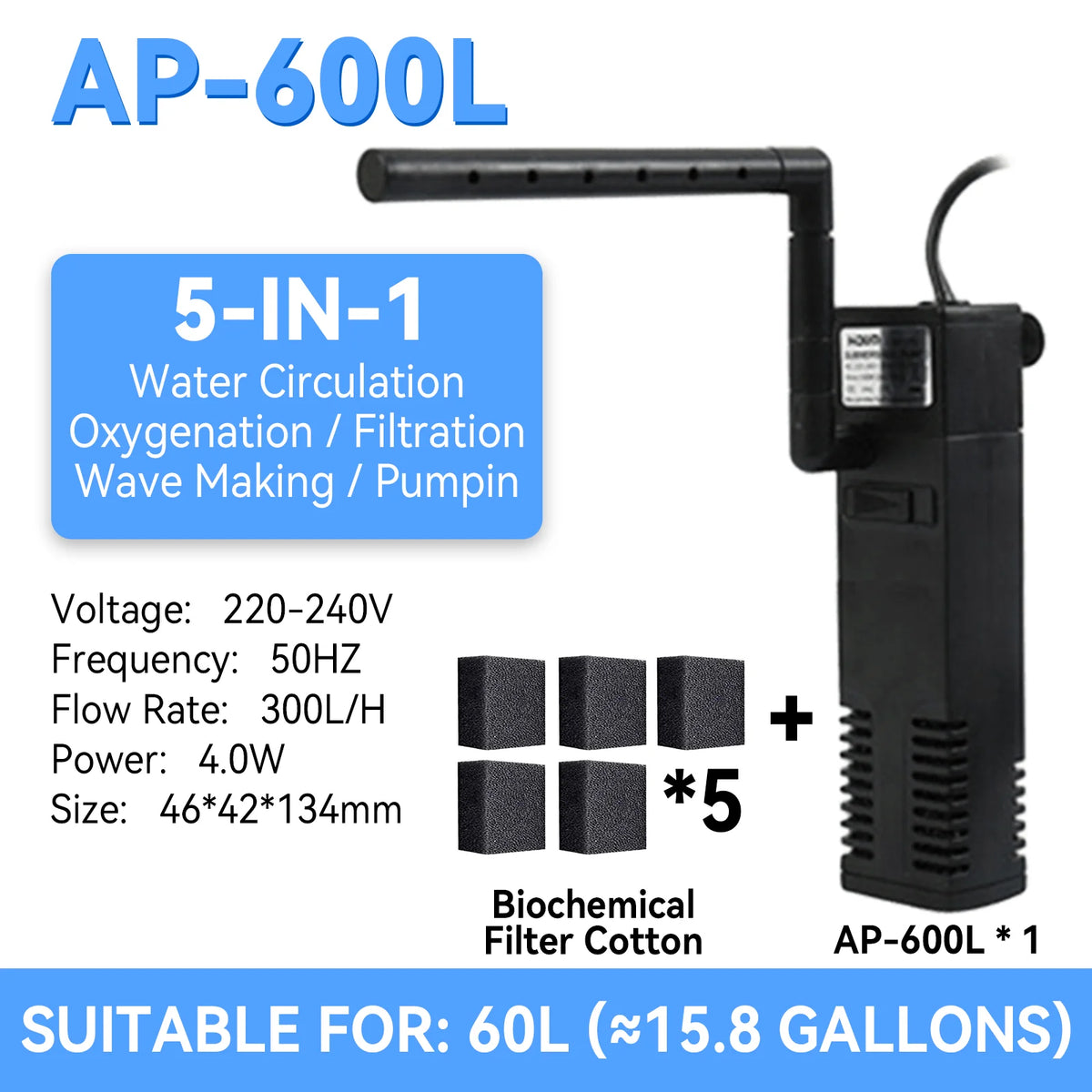 Filtre submersible et pompe à eau pour aquarium AP-600L avec cinq morceaux de coton filtrant