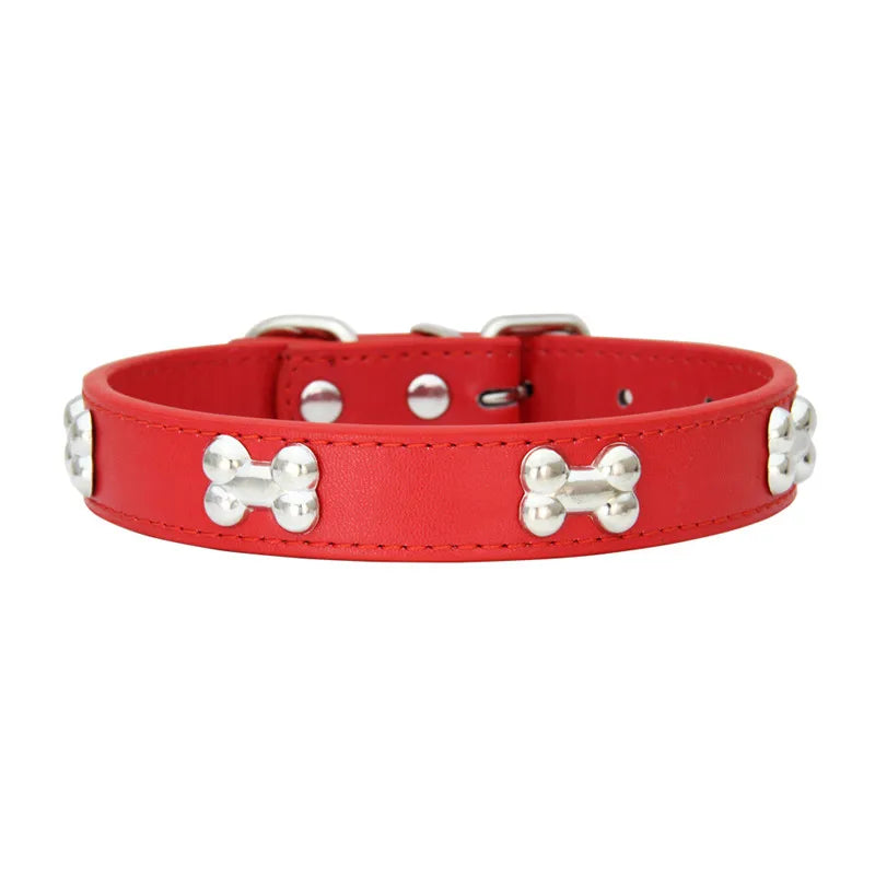 A bright red leather dog collar with silver-toned hardware.
