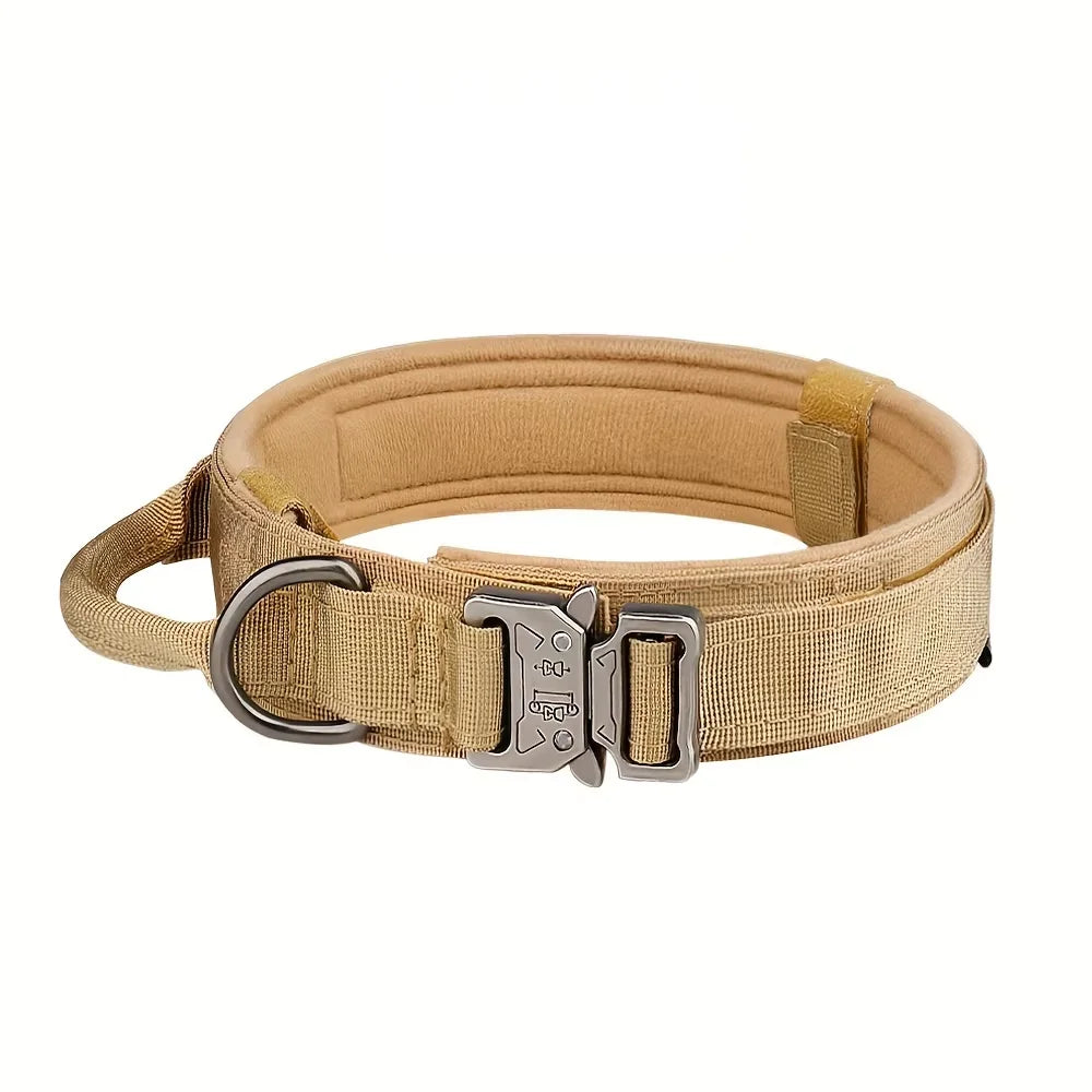 Tan tactical dog training collar and leash set with a handle